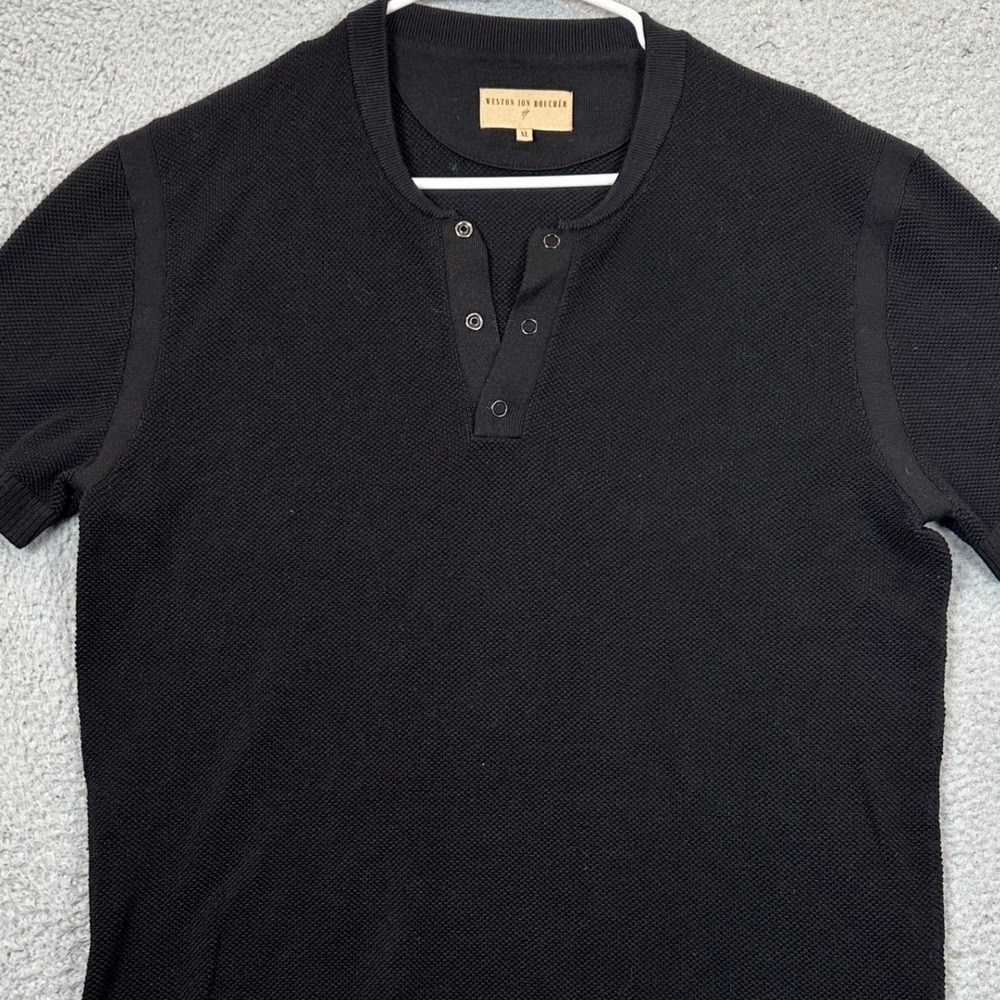 Weston Jon Boucher Henley Shirt Mens XL Black Textured Knit Short Sleeve EUC